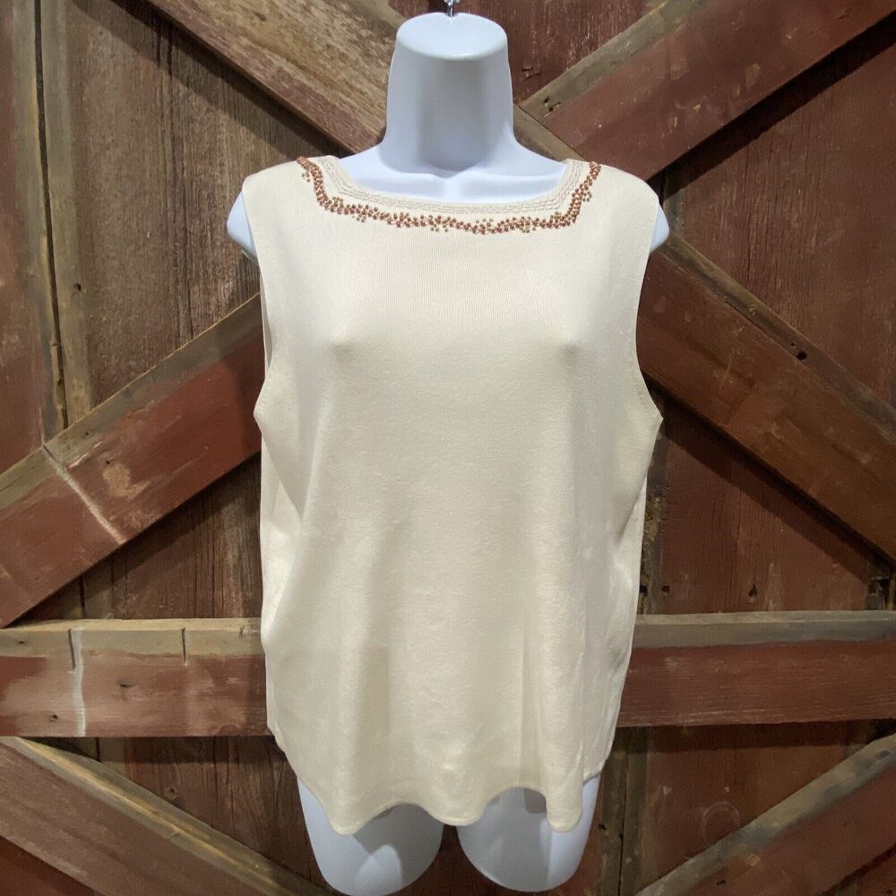 Coldwater Creek Tank Top Silk Blend Large Beaded Neckline Cream Sophisticated